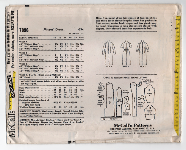 McCalls 7096 1960s Vintage Sewing Pattern - Misses Dress Pattern