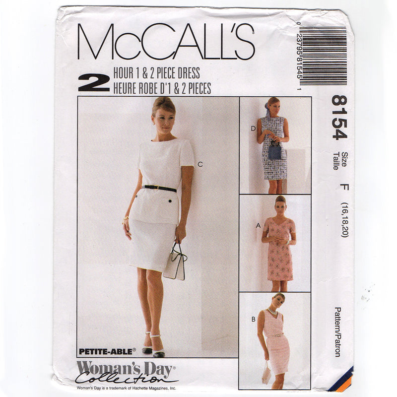 McCall's 8154 Misses Fitted Dress or Top 1990s Sewing Pattern Out of Print