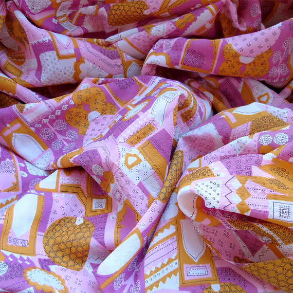 Nearly 4 Yards Vintage Pink Crepe Fabric - Vintage Fabric Yardage - Pink and Orange Fabric