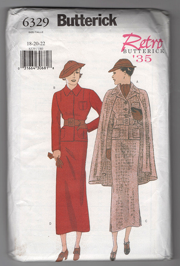 Butterick 6329 - 1930s Vintage Pattern Reproduction - Jacket, Cape, and Skirt Sewing Pattern