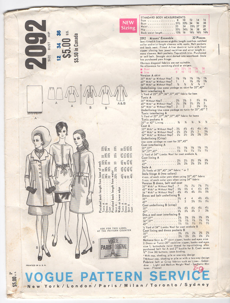 Vogue 2092 1960s Vintage Vogue Sewing Pattern: Nina Ricci Dress, Coat, Tunic, Skirt