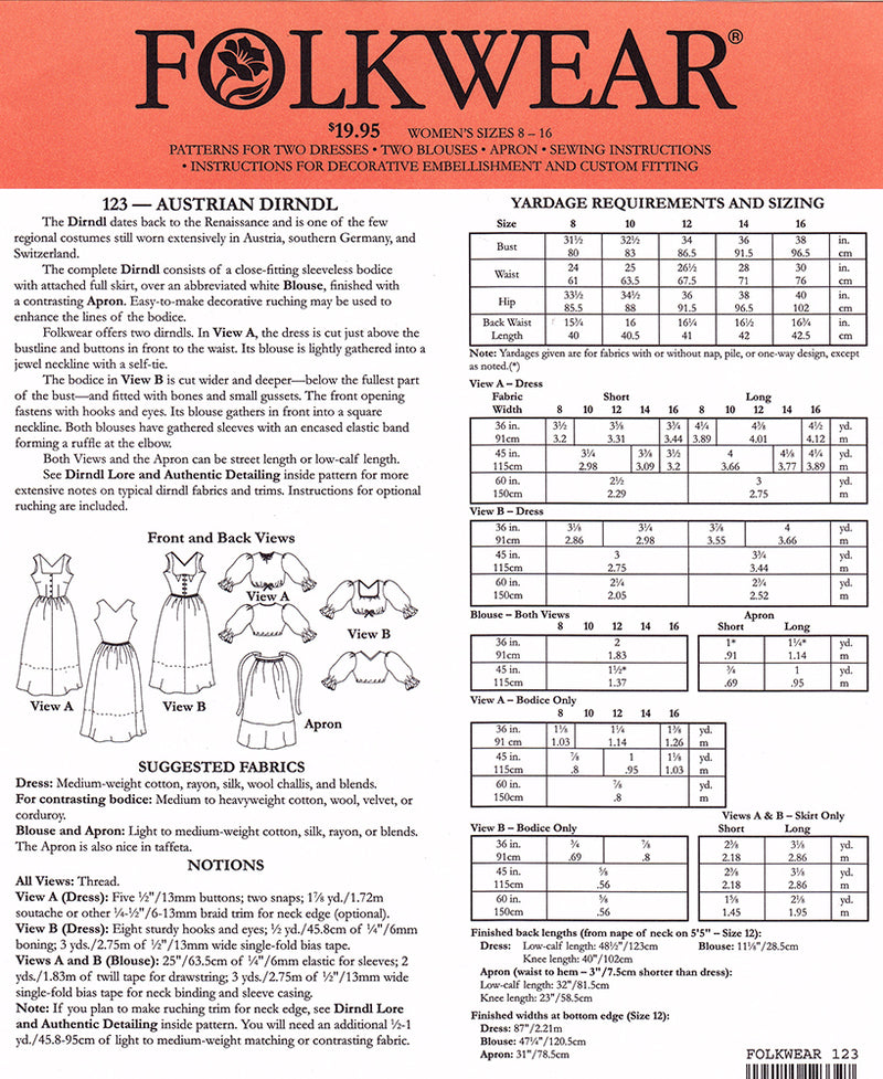 Austrian Dirndl Sewing Pattern Folkwear 123