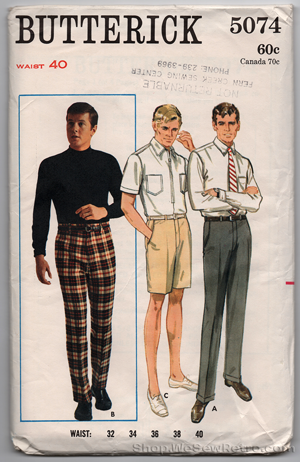 Butterick 5074 - 1960s Vintage Pattern - Mens Pants & Shorts Sewing Pattern