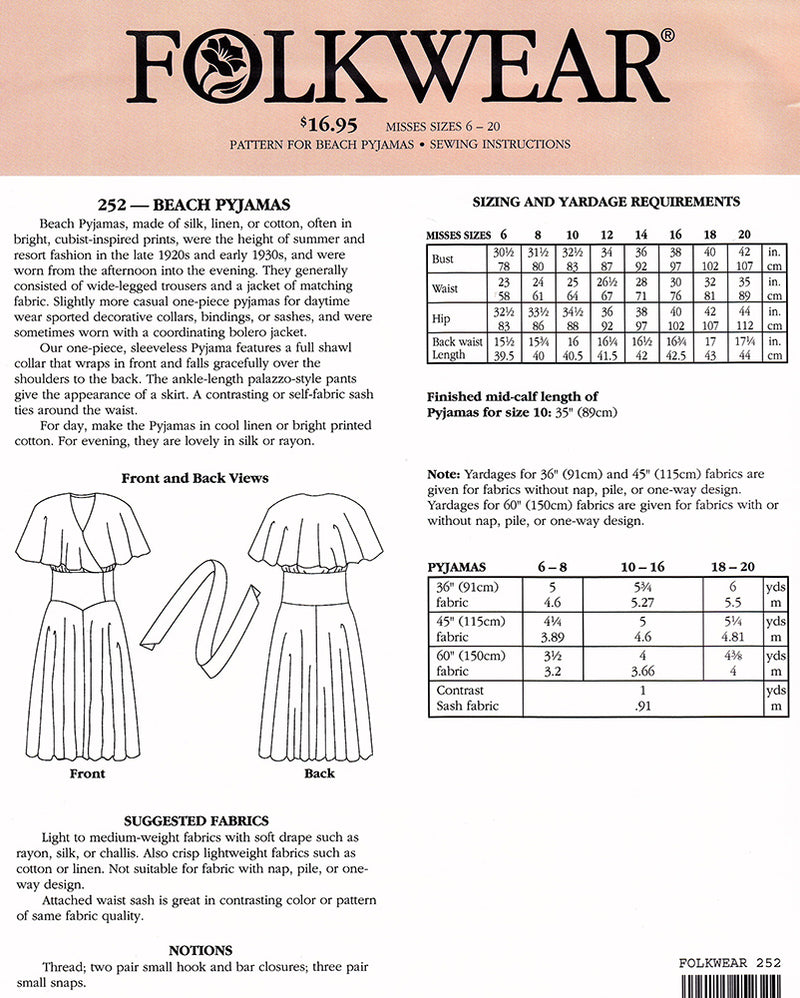 Beach Pajamas Sewing Pattern Folkwear 252