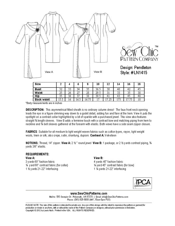 Sew Chic Pendleton Dress Paper Sewing Pattern by Sew Chic Pattern Company