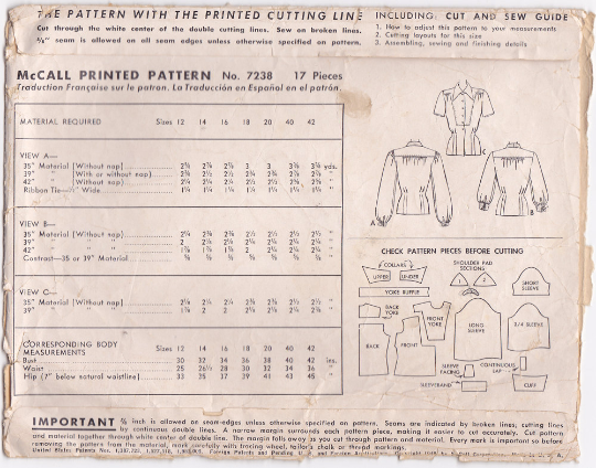 McCall 7238 - 1940s Blouse Vintage Sewing Pattern