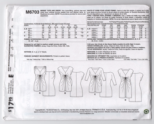 M6703 McCalls 6703 Ruched Top or Dress Sewing Pattern - Out of Print
