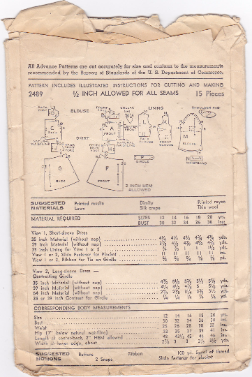 Advance 2489 - 1940s Sewing Pattern - Two Piece Dress Vintage Pattern