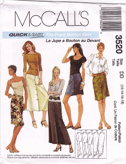 McCalls 3520 Sewing Pattern - Front Button Skirt in 5 Lengths