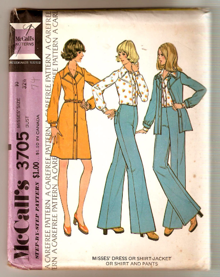 McCall's 3705 Vintage Sewing Pattern - 1970s Flares, Dress and Shirt