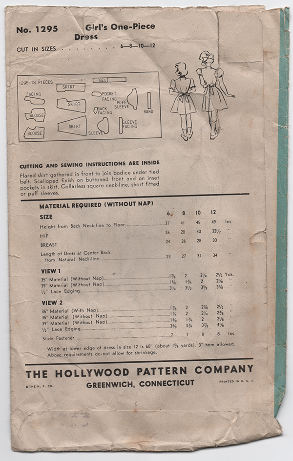 Hollywood Patterns 1295 - 1940s Vintage Pattern Girls Dress - 6 Years Old Dress Sewing Pattern