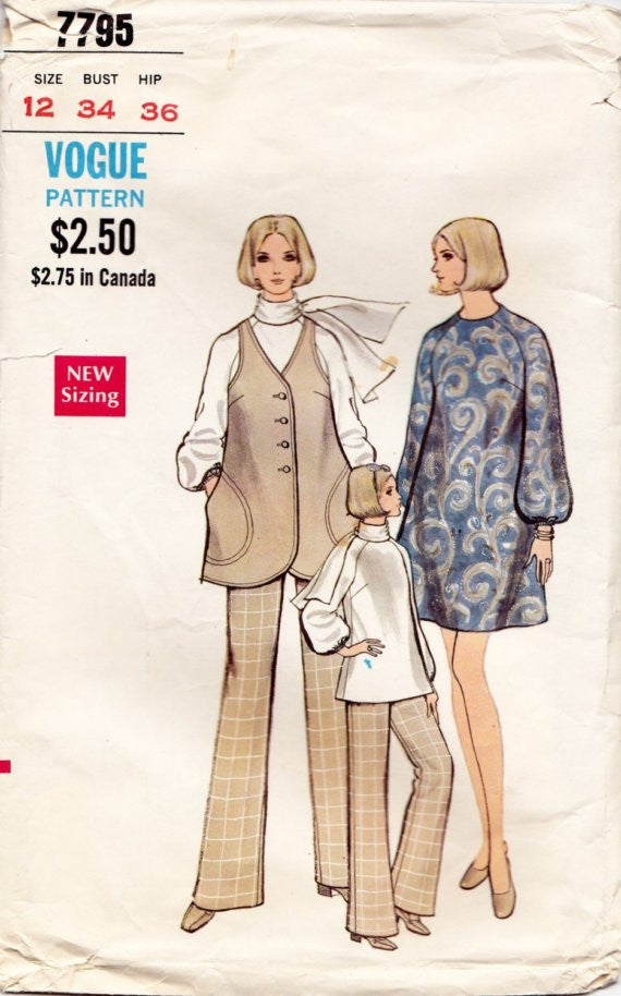 1970s Vogue Vintage Pattern - A Line Dress, Pants, Blouse, Jacket - Vogue 7795